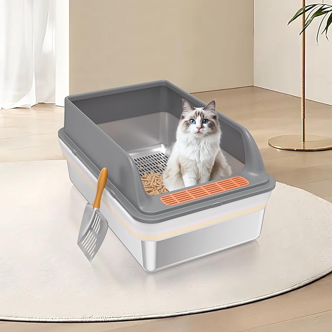 Stainless Steel Sifting Litter Box with Lid, Large Sifting Cat Litter Box for Pine Pellets & Big Cats,Metal Pellet Sifter Litter Pan System for Odor Control,Sifting Box Liners & Scoop