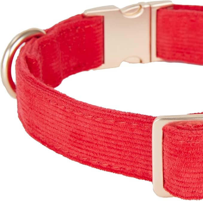 Soft Cotton Dog Collar with Metal Buckle Adjustable Heavy Duty Comfy Corduroy Collars for Small Medium Large Dogs,Red,Small
