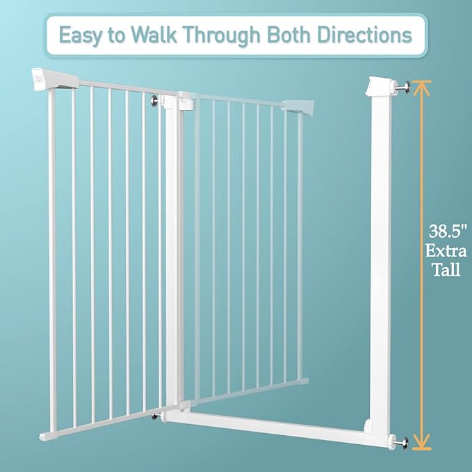Fairy Baby 38" Extra Tall Baby Gate for Stairs Doorways, Extra Wide 54.4" to 59.8" Safety Dog Gate for House, Auto Close Pressure Mounted Easy Walk Through Pet Gate with Door, White