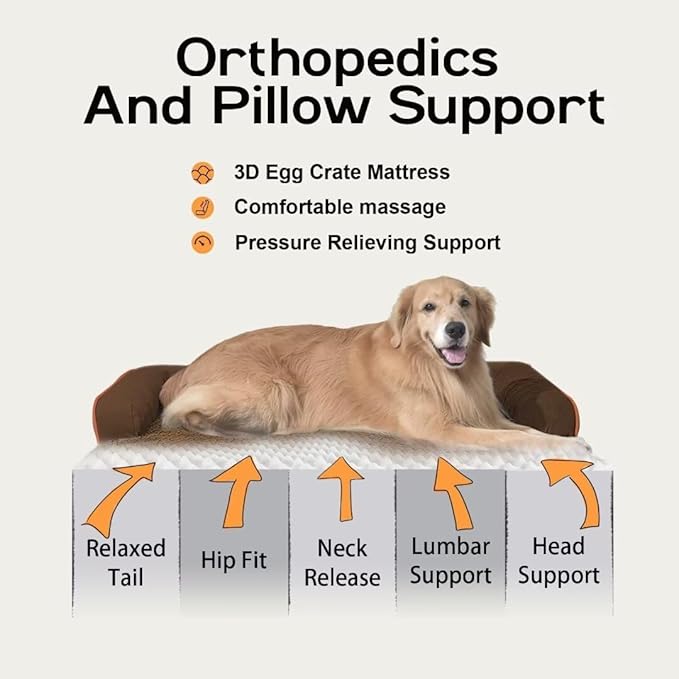 Large Dog Bed Orthopedic Washable - Memory Foam Couch Sofa - XXL Large Big Dogs - Beds Bolster Pet - Waterproof with Removable Cover - Coffee Dog Bed