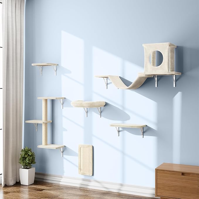 NUNU LAB Cat Wall Shelves, 6 Pcs Luxury Wall-Mounted Cat Climber Set, Indoor Cat Furniture with 1 Condos House, 2 Cat Wall Shelves, 1 Scratching, 1 Bridge Ladder, 1 Scratching Pad, Beige