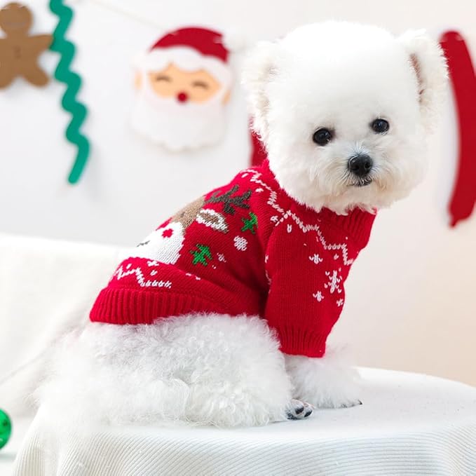 Christmas Dog Outfit Red Puppy Sweater for Small Dogs Girl Boy Elk Snowflake Cat Knitwear Reindeer Knitted Pet Clothes Santa Deer Costume for Chihuahua Yorkie Poodle (Red-2, X-Small)