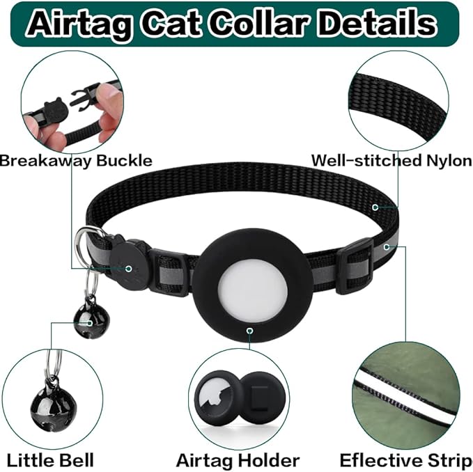 Airtag Cat Collar Breakaway, Reflective Kitten Collar with Apple Air Tag Holder and Bell for Girl Boy Cats, 0.4 Inches in Width and Lightweight (Red)