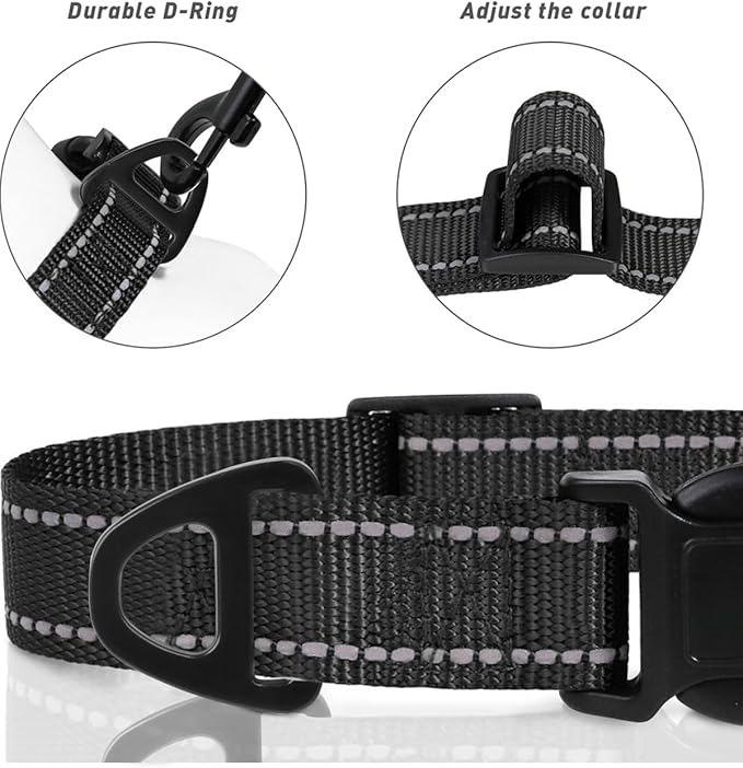 TagME Dog Collars, Adjustable Reflective Nylon Pet Collar with Quick Release Buckle for Medium Dogs, Black, 1.0" Width