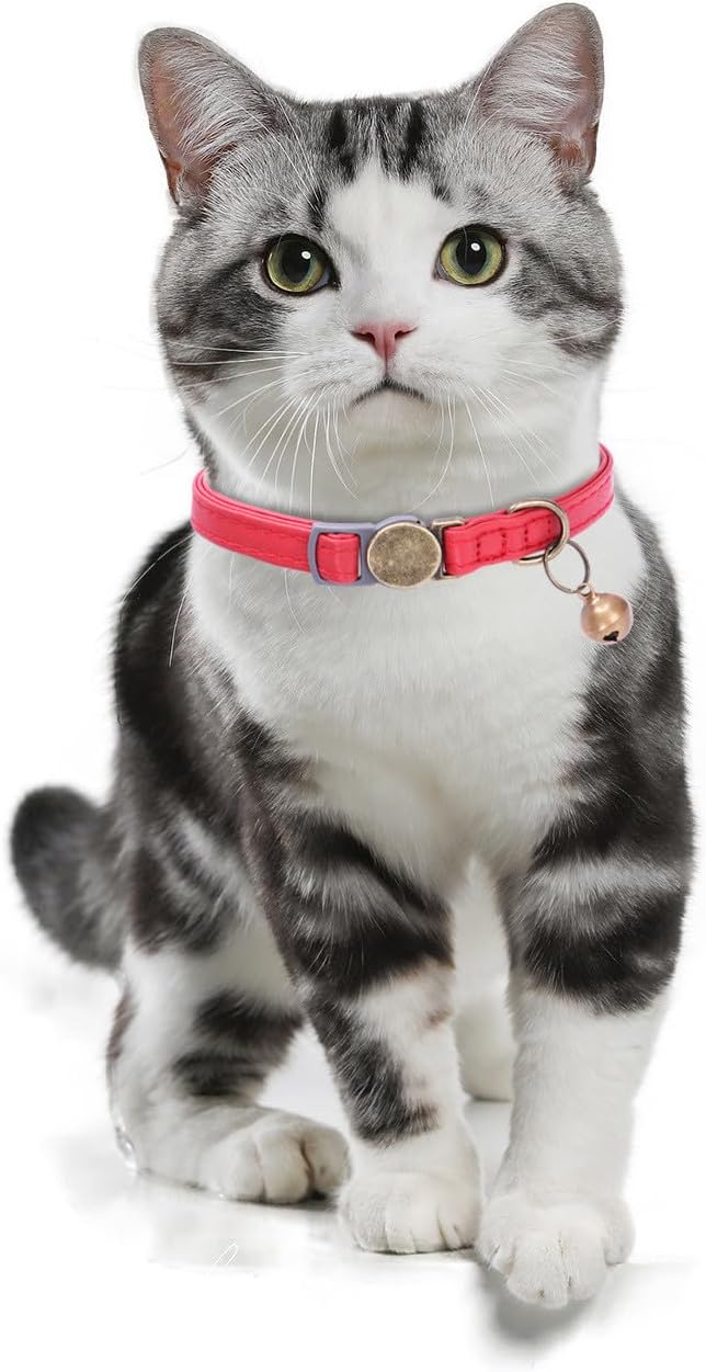 THAIN Leather Cat Collar with Bell Breakaway- Adjustable, Durable, Retro Bell fit Most Cats and Kittens (Brown)