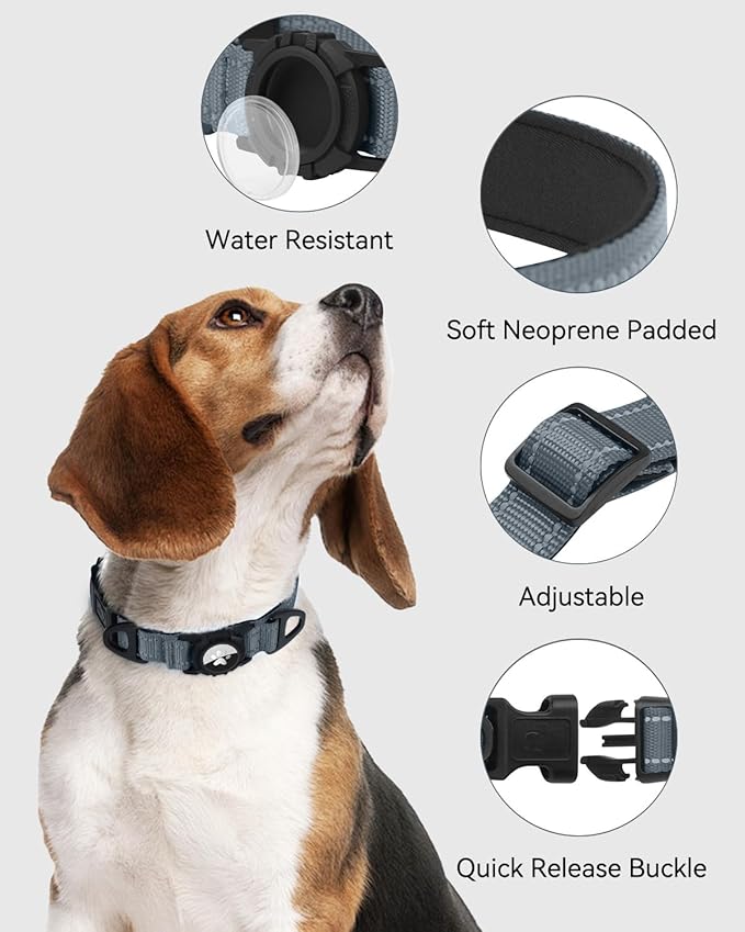 Joytale Airtag Dog Collar, Reflective Pet Collar with Waterproof AirTag Holder, Dual D-Rings, Soft Padded Adjustable for Medium Dogs, Gray, M