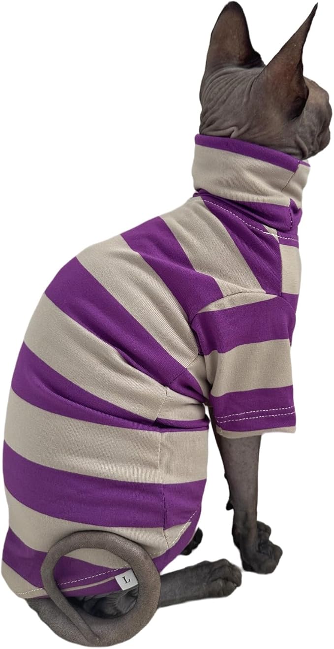 Vintage Stripes Sphynx Hairless Cats Shirt Cotton Cat Turtleneck Pet Clothes Kitten T-Shirts with Sleeves for Sphynx Cats (Wide Purple Grey Stripe, X-Large)