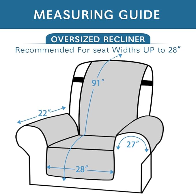 H.VERSAILTEX Reversible Quilted Recliner Covers Water Resistant Furniture Protector for Reclienr Chair with Elastic Straps for Pets Kids Sitting Width Up to 28"(Oversized Recliner, Cameo Blue/Beige)