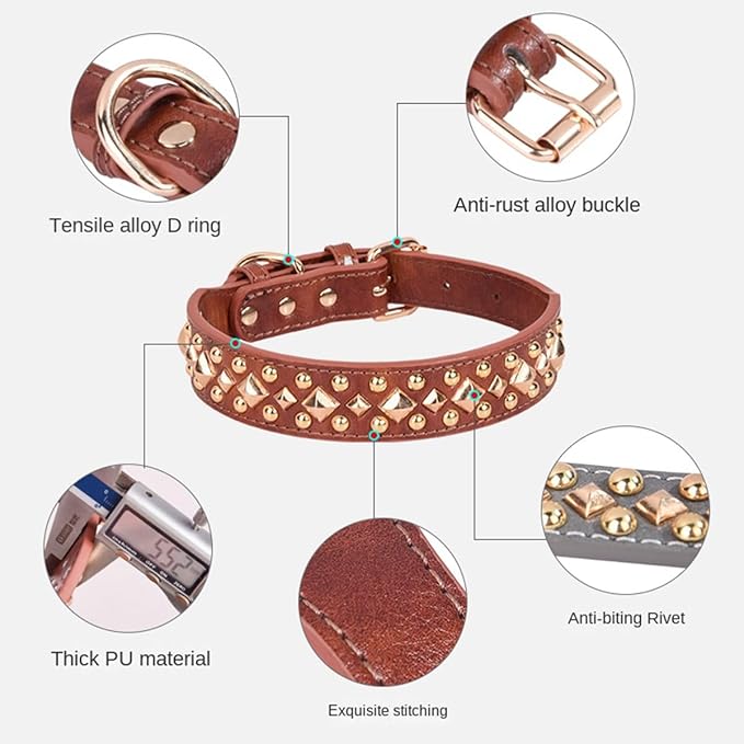 Spiked Dog Collar Soft Pu Leather Mushrooms Rivet Spike Studded Puppy Adjustable Pet Collars for Small Breeds (M, Red3)