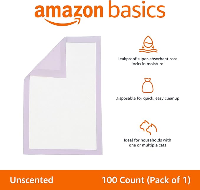 Amazon Basics Cat Pee Pads, Super Absorbent, Odor Control, Unscented, Universal Fit for Litter Box, Disposable, White/Purple, 100 Count