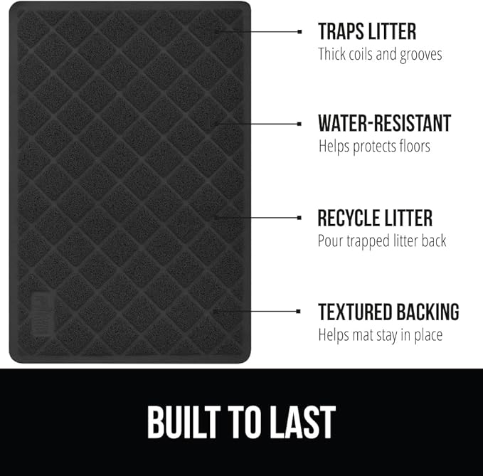 GORILLA GRIP Cat Litter Box Mat, Water Resistant, US Designed Kitty Litter Trapping Mats, Easy to Clean, Scatter Control, Less Mess and Clean Floors, Kitten Supplies for Indoor Cats, 24x17 Black