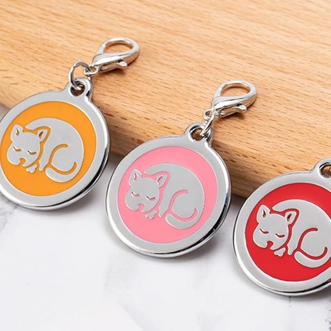 Personalized Pet ID Tags for Kittens and Cats - Custom cat Name tag and ID tag for Collar (Red, Sleeping Cat Round-Small)