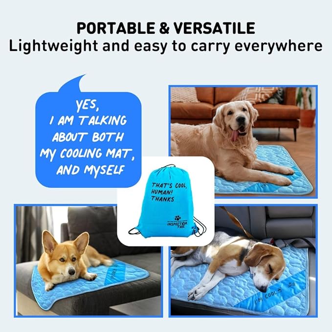 INSPECTOR TAIL Self Cooling Mat for Dog + Free String Bag/Washable & Portable Pet Soft Pad for Indoor or Outdoor/Perfect as Blanket for Kennel Sofa Bed Floor Car/Blue