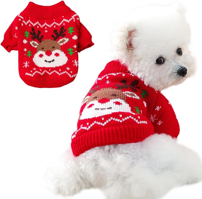 Christmas Dog Outfit Red Puppy Sweater for Small Dogs Girl Boy Elk Snowflake Cat Knitwear Reindeer Knitted Pet Clothes Santa Deer Costume for Chihuahua Yorkie Poodle (Red-2, X-Small)