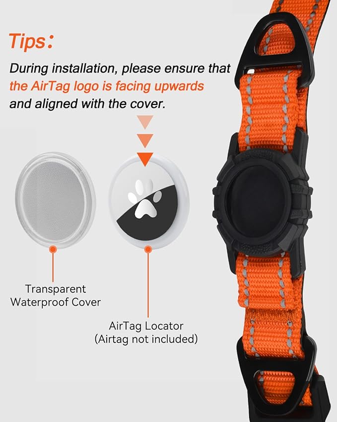 Joytale Airtag Dog Collar, Reflective Pet Collar with Waterproof AirTag Holder, Dual D-Rings, Soft Padded Adjustable for Extra Large Dogs, Orange, XL