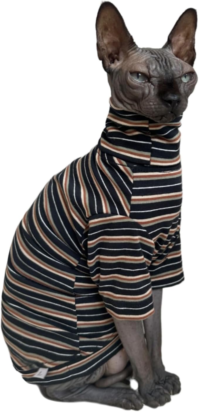 Vintage Stripes Sphynx Hairless Cats Shirt Cotton Cat Turtleneck Pet Clothes Kitten T-Shirts with Sleeves for Sphynx Cats (Vintage Black, Medium)