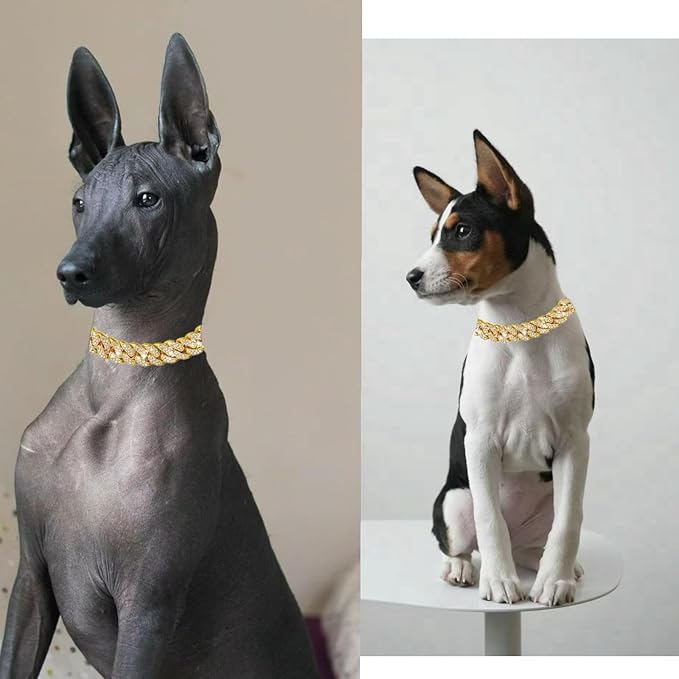 Dog Chain Designer Gold Crystal Pet Collar Cuban Link Chain with Secure Buckle Luxury Adjustable Necklacefor Small Medium Large Dogs Cats(Glod 12inch)