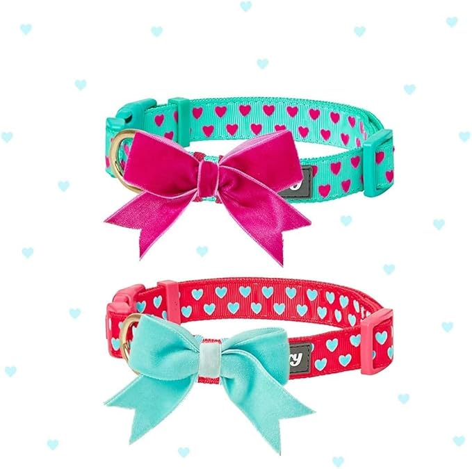Blueberry Pet Valentines Day Dog Collar with Velvety Bowtie, Heart in Lust Red, Small, 12"-16" Neck, Adjustable, Eco-Friendly, Dog Collars for Medium Dogs & Small Dogs, Puppy Collar