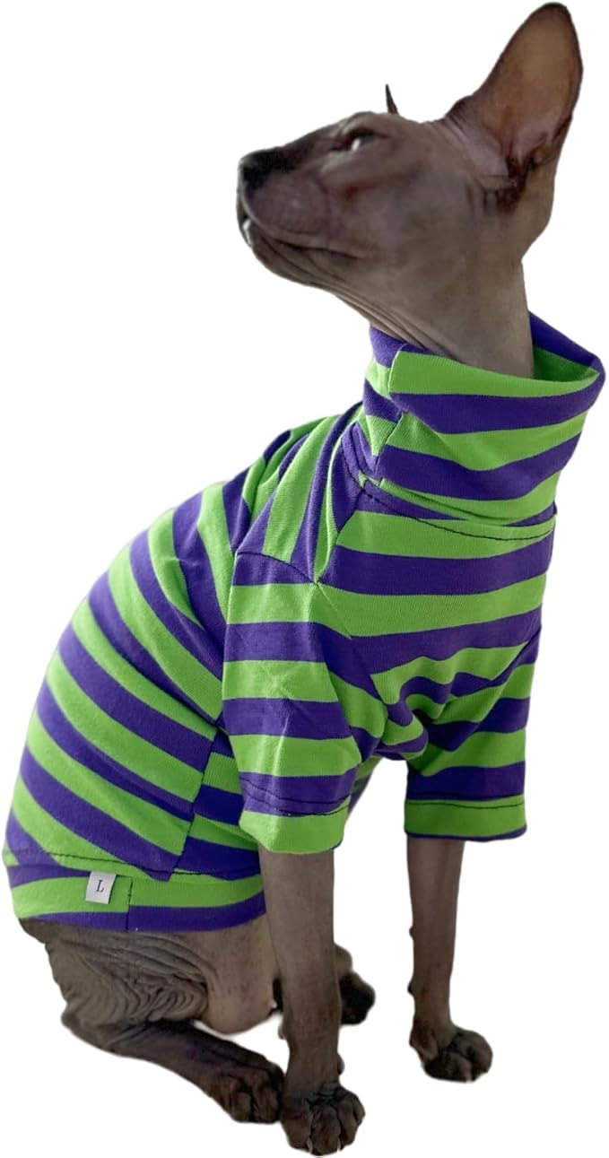 Vintage Stripes Sphynx Hairless Cats Shirt Cotton Cat Turtleneck Pet Clothes Kitten T-Shirts with Sleeves for Sphynx Cats (Eggplant, Medium)