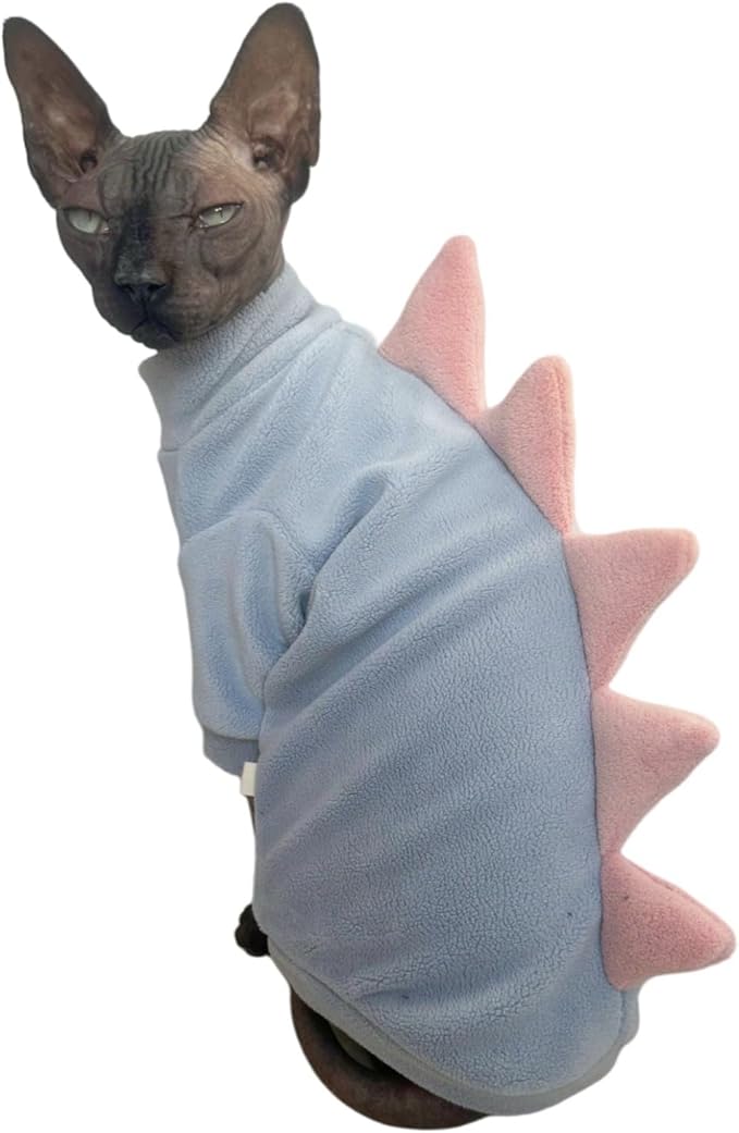 Dinosaur Sphynx Cat Clothes, Soft Polar Fleece Sweater for Cat, Elastic Pet Clothes Thick Winter Warm Outfit for Hairless Cat, Devon, Cornish, Small Dogs Apparel with Sleeves (Sky Blue, X-Large)