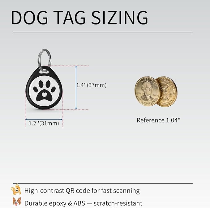 QR Code Dog ID Tag for Collar, Smart Pet ID with Instant Location Email Alerts, Silent Anti-Lost Dog Tag, No App or Subscription, Online Pet Profile Access（1.2”, Black）
