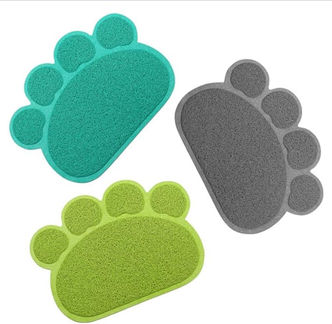 PVC Pet Dog Cat Puppy Kitten Dish Bowl Food Water Feeding Placemat, Non-Slip Cat Litter Mat Paw Shape, Grey Small