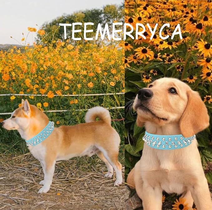 TEEMERRYCA Adjustable Microfiber Leather Spiked Studded Dog Collars with a Squeak Ball Gift for Small Medium Large Pets Like Cats/Pit Bull/Bulldog/Pugs/Husky, Blue, M(12"-15")