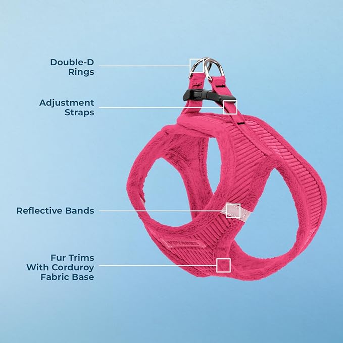 Best Pet Supplies - All Weather Plush, Reflective, No Pull Harness for Small, Medium Dogs, Cats - Secure with Hook & Loop Fastener, Buckle, Double D-Rings - Fuchsia Corduroy, S