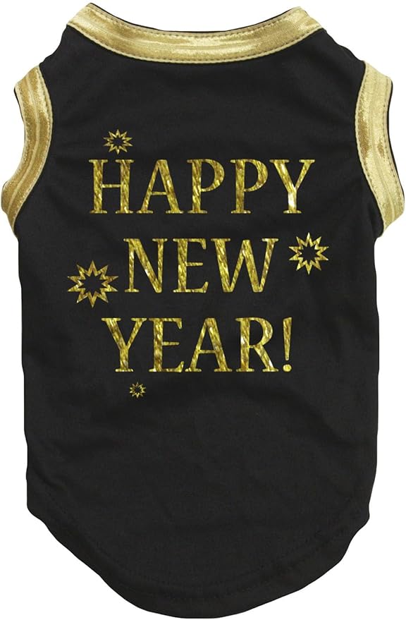 Petitebella Bling Happy New Year Puppy Dog Shirt (Black/Bright Gold, XX-Large)