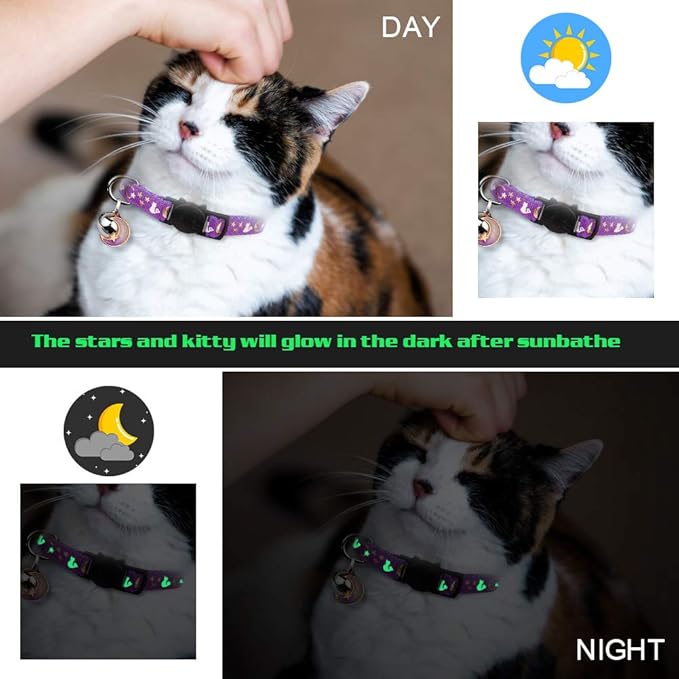 Baeuppit 2PCS Breakaway Cat Collars with Bell Cute Kitty Glow in The Dark Adjustable Kitten Collars(Red&Purple)