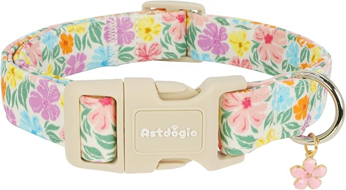Cotton Dog Collar with Colorful Flowers for Spring Summer, Adjustable Puppy Dog Collars for Small Medium Large Dogs, Cute Girl Boy Dog Collar Ideal for Gifts,Pet Accessory,S