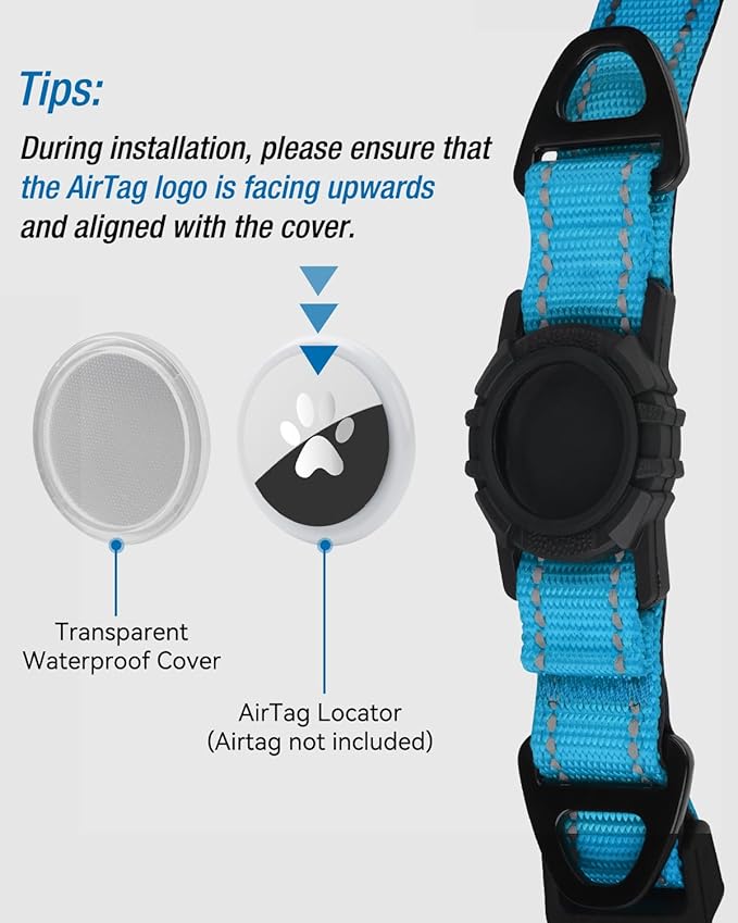 Joytale Airtag Dog Collar, Reflective Pet Collar with Waterproof AirTag Holder, Dual D-Rings, Soft Padded Adjustable for Large Dogs, SkyBlue, L