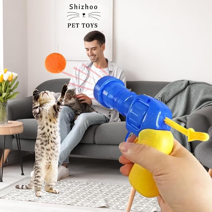 30 Pcs Soft Pom Pom Balls for Kittens with Cat Ball Launcher Toy, Interactive Plush Toy for Kitten Training and Play - Pet Products for Cats (3.0 CM with Bloster)