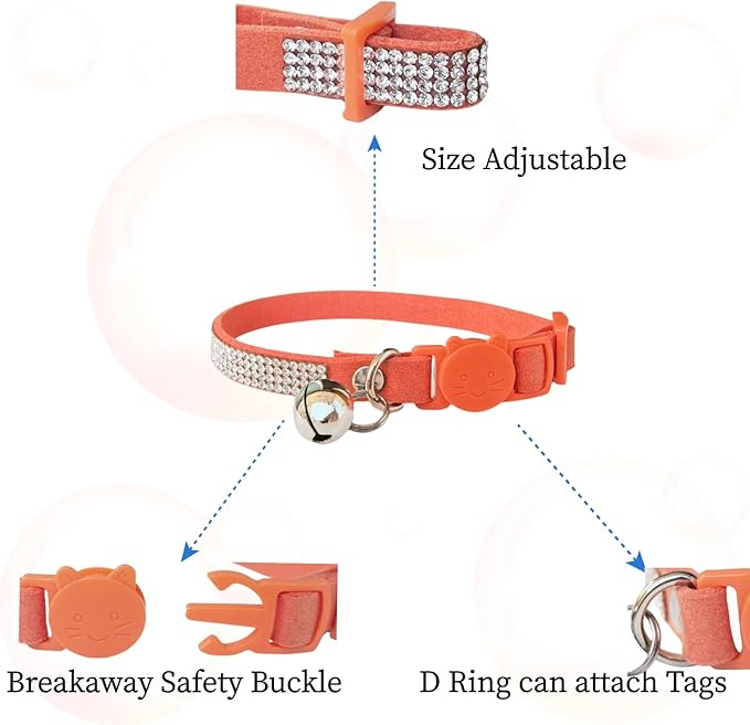 Rhinestone Cat Collar Breakaway with Bell Safety Buckle, Adjustable Diamond Girl Boy Kitty Cute Comfy Collar for Kitten Tiny Little Pets Rabbits, 6"-9" Orange Extra Small