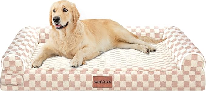Large Dog Bed Orthopedic Washable: Beds Bolster XL Bed Medium Large Dogs Egg Crate Foam Couch Sofa Waterproof with Removable Cover - Pink Grid