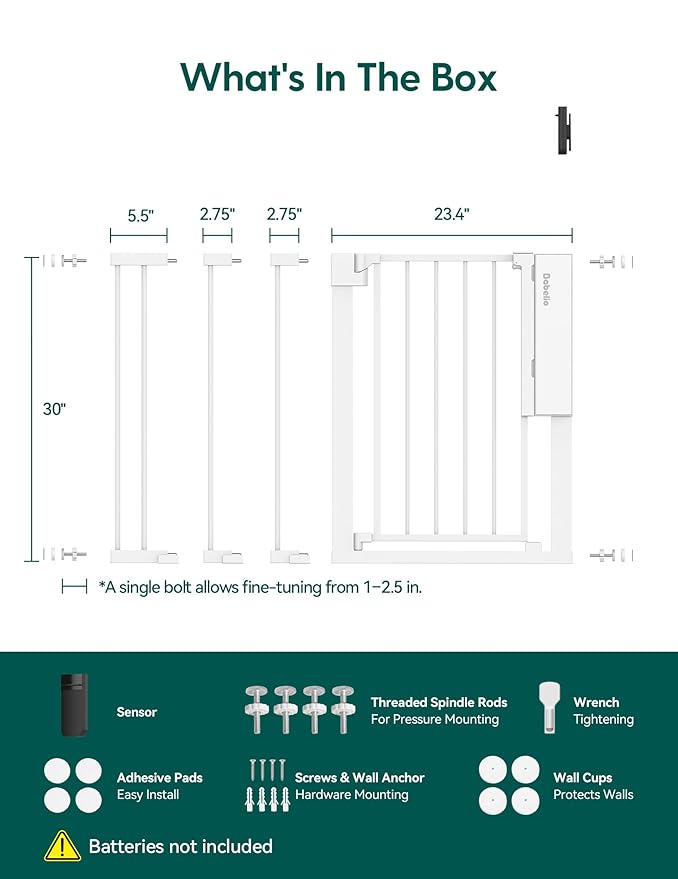 Babelio Smart Baby Gate with Auto-Unlock/Close, Pressure Mounted No Drill for Doorways/Top of Stairs. Pet/Dog Door Wide Walk Thru w/Infrared Sensor & Instant Safety Alert (White, 26.3-37.8" W, 30" H)