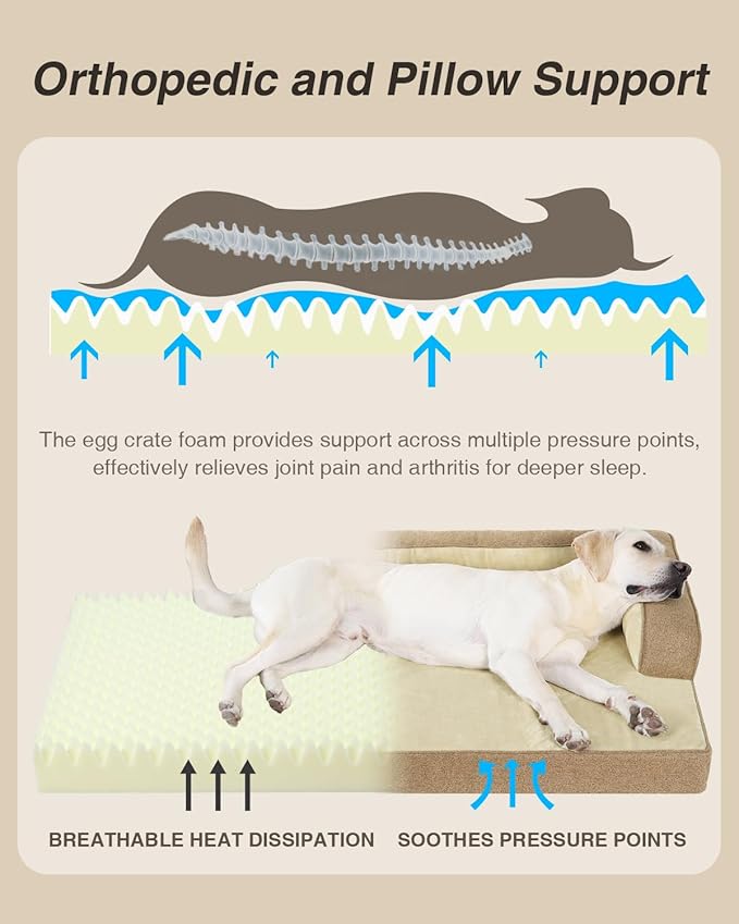KSIIA Washable Dog Bed XXL Senior Dog, Orthopedic Warm Soft Pet Sofa Waterproof Pet Couch with Sides, Non-Slip and Egg-Crate Foam Jumbo Beds with Removable Cover, 47x32Inch, Brown
