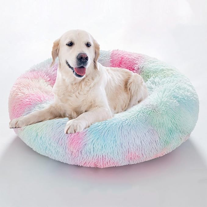 Cat Beds for Indoor Cats - Anti Anxiety Round Dog Beds for Small Medium Dogs, Fluffy Plush Faux Fur Pet Bed (Rainbow, Large 24" L x 24" W)