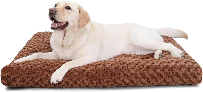 KSIIA Washable Dog Bed Deluxe Plush Dog Crate Beds Comfy Kennel Pad Anti-Slip Pet Sleeping Mat for Large, Jumbo, Medium, Small Dogs Breeds, 41" x 27", Brown