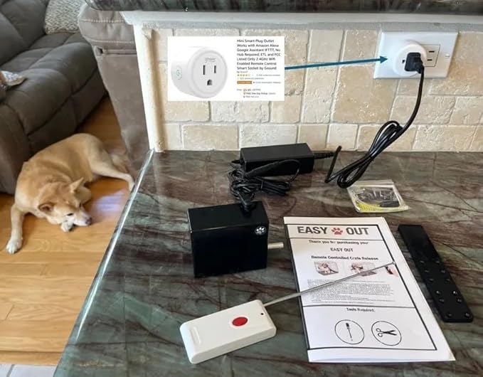 Easy Out Automated Pet Crate Opener for Single or Double Latch Crates, Activated by Remote Control or Wi-Fi Smart Plug, Model EOD1
