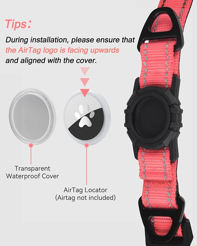 Joytale Airtag Dog Collar, Reflective Pet Collar with Waterproof AirTag Holder, Dual D-Rings, Soft Padded Adjustable for Large Dogs, Neon Pink, L