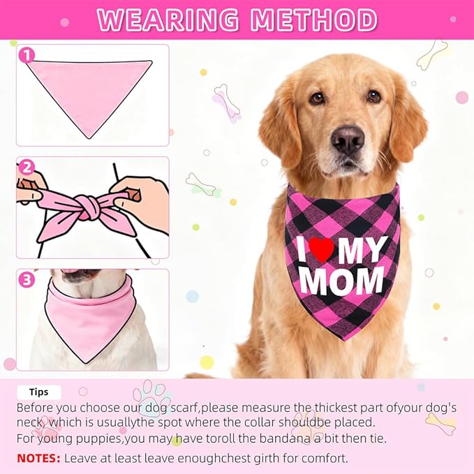 GreenJoy Cute Plaid Dog Bandana – Washable Pet Triangle Scarf for Small, Medium, Large Dogs and Cats, Adjustable Pet Accessory for Birthday, Wedding and Christmas (Pink (Mom), Large)