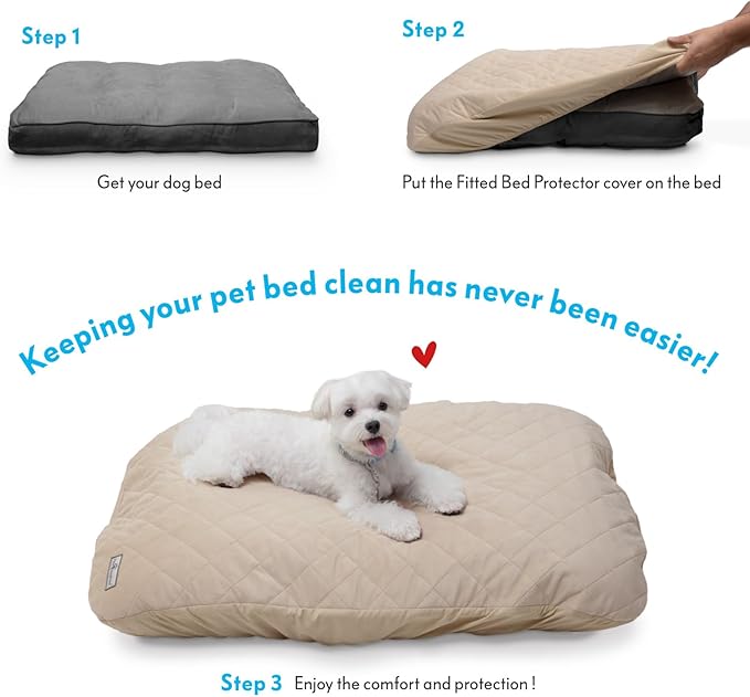 Paw Inspired Waterproof Fitted Cover for Dog Bed | Washable Bed Protector for Dog Mattress | Removable Replacement Cover for Small Pet Bed (Beige, 30 x 20 x 5 Inch)
