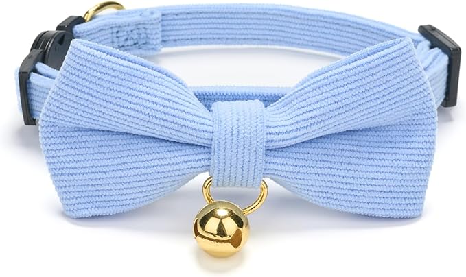 Soft Corduroy Cat Collar, Plaid Pattern, with Bell and Bowtie, Quick Release,Safety Breakaway Clasp, Adjustable for Kitten and Cats.(White+Blue)