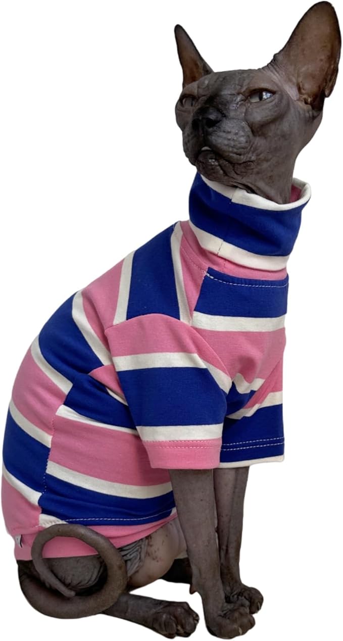 Vintage Stripes Sphynx Hairless Cats Shirt Cotton Cat Turtleneck Pet Clothes Kitten T-Shirts with Sleeves for Sphynx Cats (Wide Pink Blue Stripe, XX-Large)