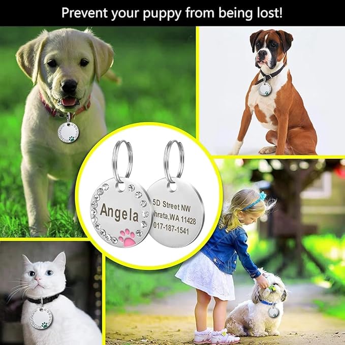 Personalized Dog/Cat Cute Paw Pet ID Tag for Pet Collar or Key Chain - Custom Laser Engraved Unique Dog/cat Name tag with Phone Number (Purple, Crystals Round-Small)