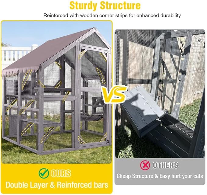Aivituvin Large Catio Outdoor Cat Enclosure Window Design for 6-10 Cats, 74" H Walk-in Patio Cat House with 4 Access Doors, Waterproof Roof, Spacious Kitty Cage for Multiple Indoor Outdoor Cats