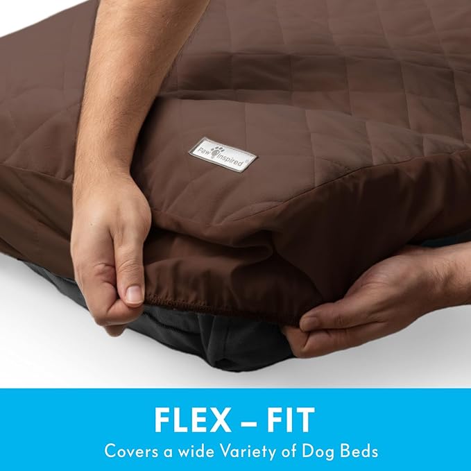 Paw Inspired Waterproof Fitted Cover for Dog Bed | Washable Bed Protector for Dog Mattress | Removable Replacement Cover for Large to XL Pet Bed (Dark Brown, 44 x 35 x 6 Inch)