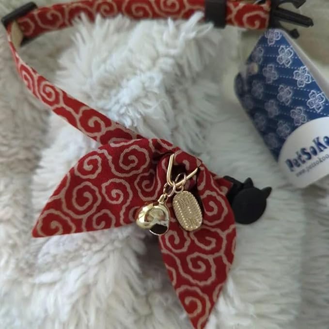 PetSoKoo Bunny Ears Cat Collar, Japan Lucky ‘開三運’ Charm. Safety Breakaway Bowtie Kitten Collar with Bell, Red