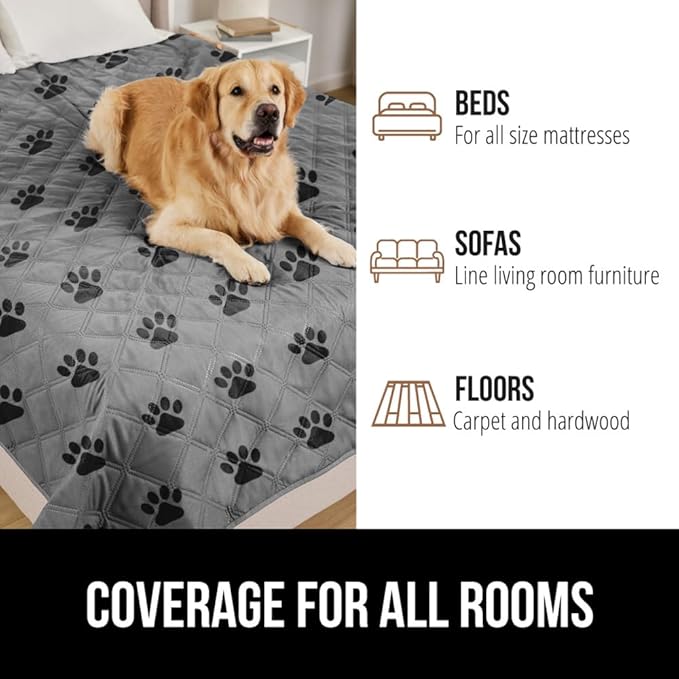 GORILLA GRIP Waterproof Bed Cover for Dogs, 102x82, Gripped Slip Resistant Backing, Leak Proof Washable Dog Blanket Covers Sofa, Couch, Sectional, Crate, Car, RV Seats, Pet Puppy Essentials, Gray Paw